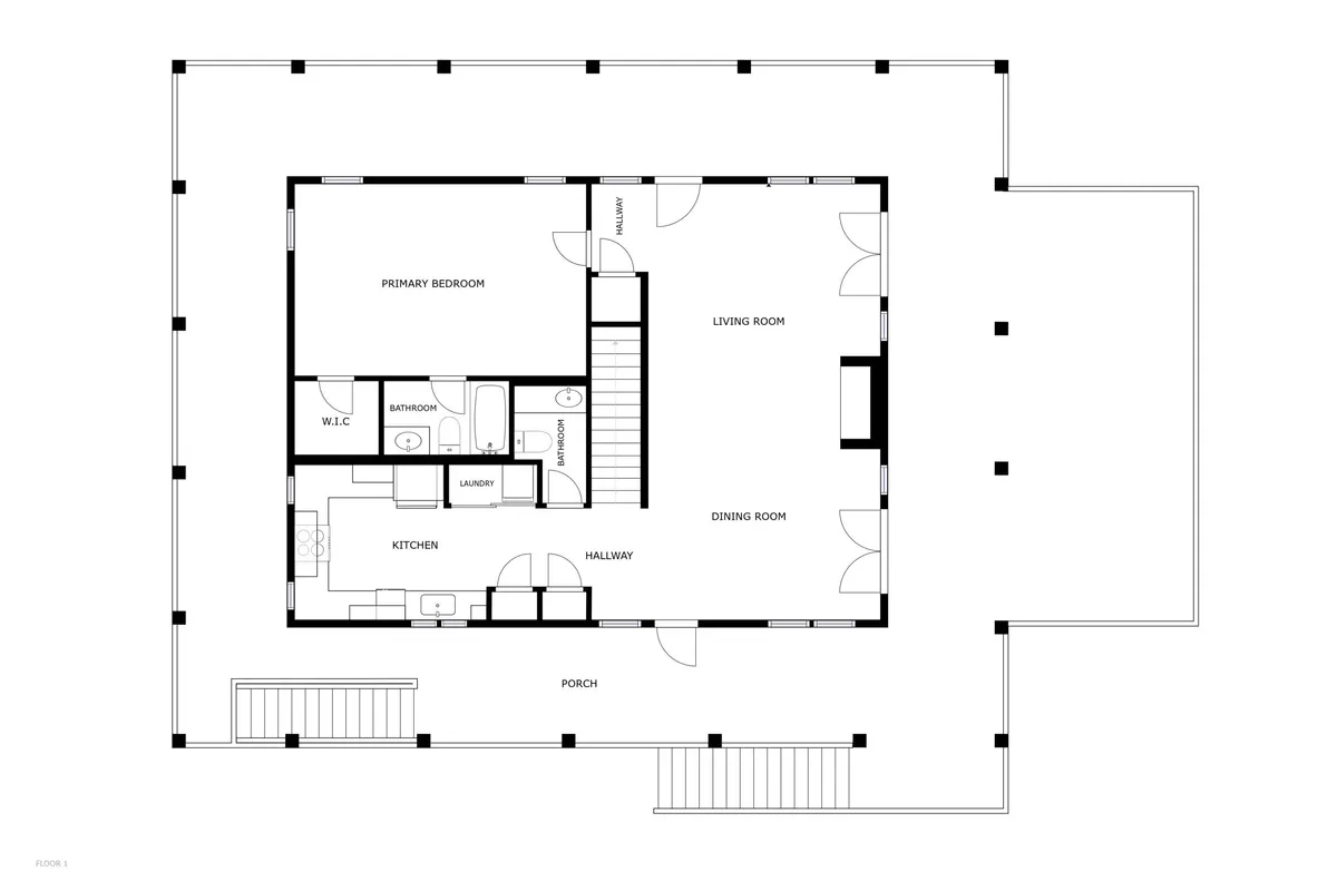 A wide-angle view encompassing the kitchen, dining, living area, and porch. The kitchen is integrated into the open-plan space, making it central to family gatherings, celebrations, and casual meals. The layout encourages conversation and togetherness, with the breakfast bar visible in the scene.